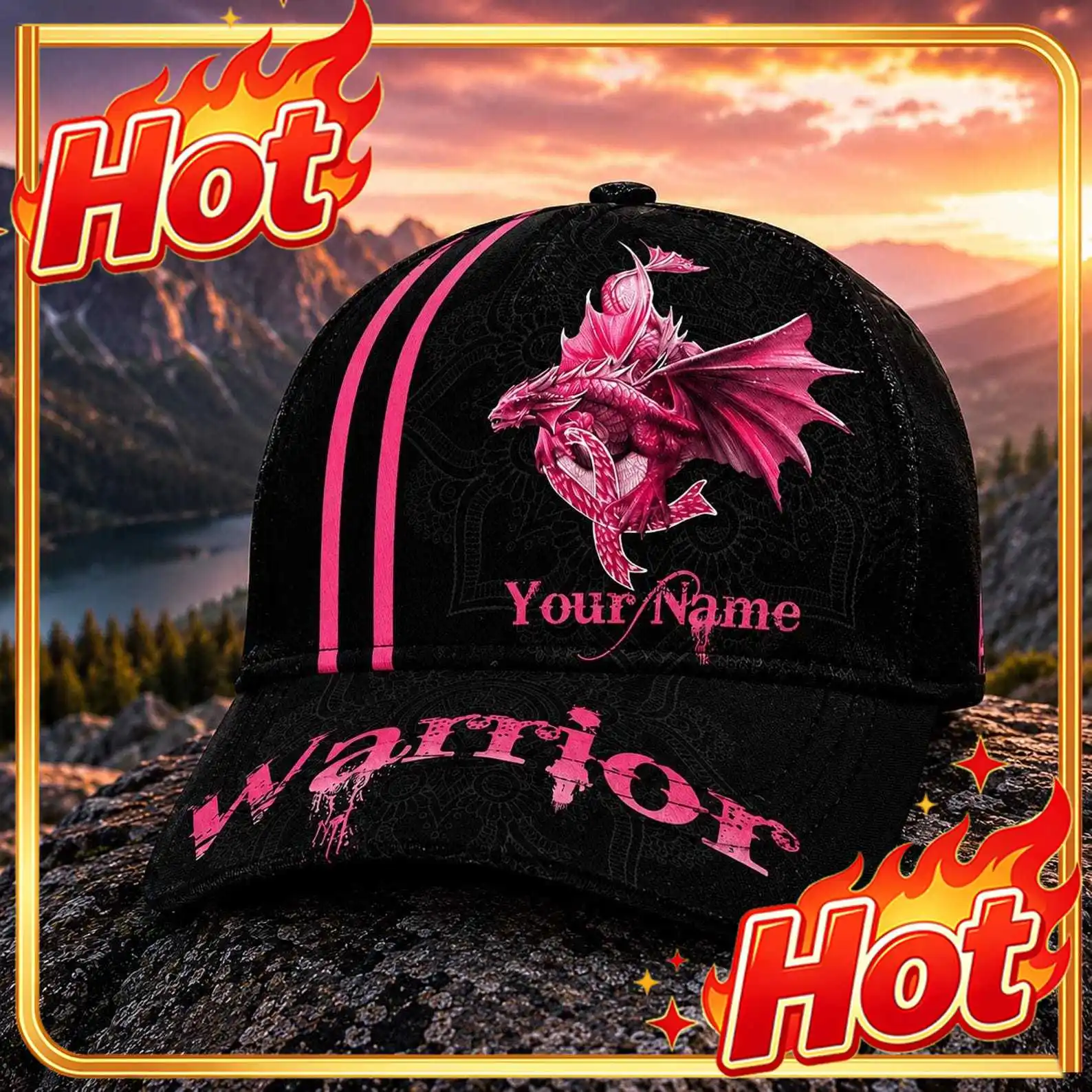 Custom Personalized Breast Cancer Awareness Hat, Custom Name Warrior Dragon Baseball Cap, Pink Ribbon Survivor Gift