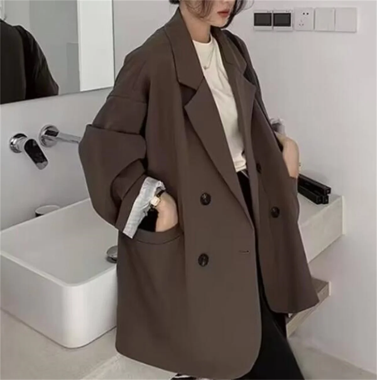 Loose Fashion Women\'s Coat Autumn Spring New Korean Blazers 2024 Vintage Oversized Tops Lapel Double Breasted Long Sleeve Jacket