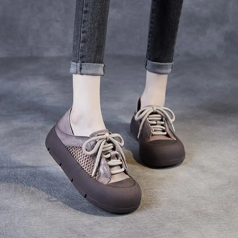 

Handmade Genuine Leather Vintage Style Women's Sandals Breathable Mesh Upper Layer Cowhide Big Head Slip-On Shoes Casual Fashion