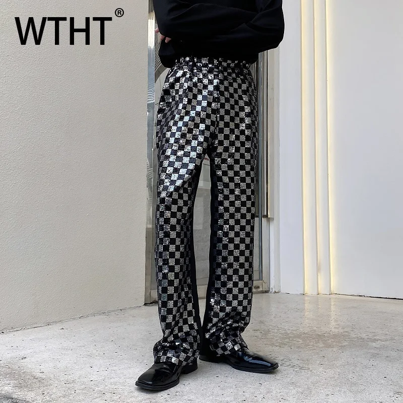 

WTHT Trendy Men's Spliced Plaid Sequins Design Casual Pants Fashion High-waisted Straight Loose Trousers Male 2025 Autumn 2A1611