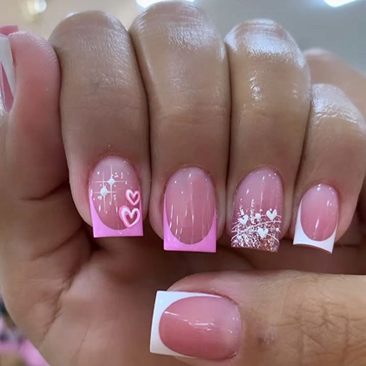 24 Uds. Puntas de uñas postizas cuadradas cortas con purpurina rosa, decoración de diamantes deslumbrantes de Ballet dulce, uñas prensadas para mujeres con pegamento de gelatina