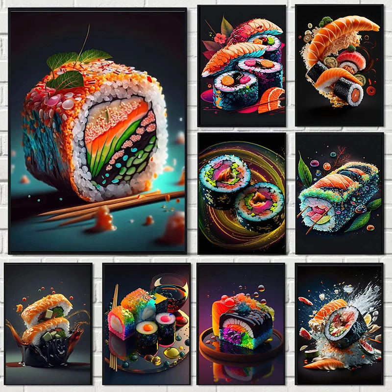Póster de Sushi de salmón japonés, impresiones para cocina, decoración del hogar, ilustración de comida japonesa bonita, pintura en lienzo, arte de pared estético