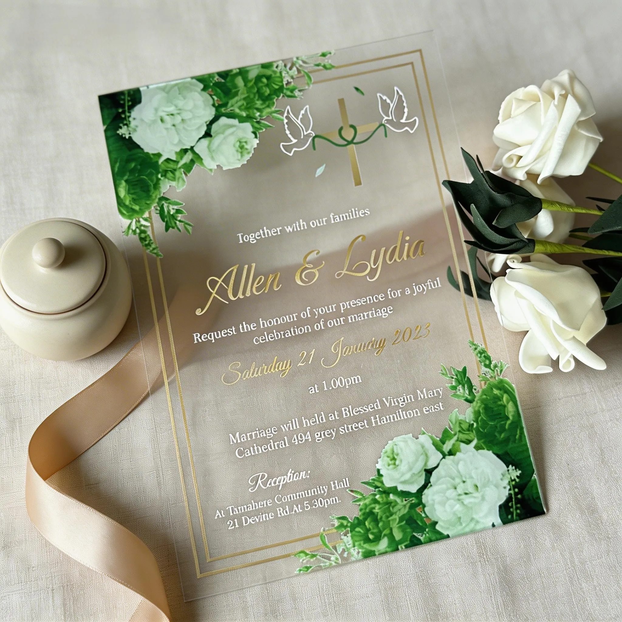 

10pcs Custom Transparent Acrylic Wedding Invitations,Green Floral Quinceanera Cards,Personalized Bridal Shower Invitation Card