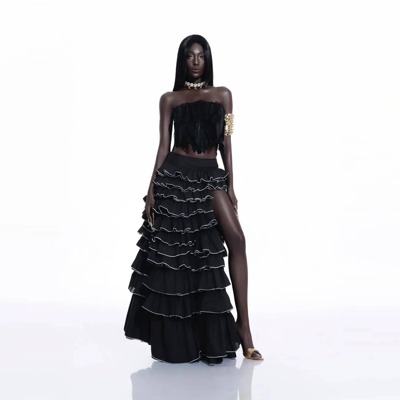 

Elegant Black Ruffle Skirt Made of High Quality Polyester Fabric with Layered Design and White Trim for Formal Occasions