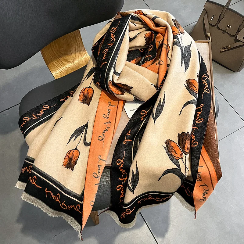 

Luxury Brand Floral Print Cashmere Scarf For Women Design Winter Warm Neckerchief Pashmina Poncho Thick Blanket Bufanda Echarpe