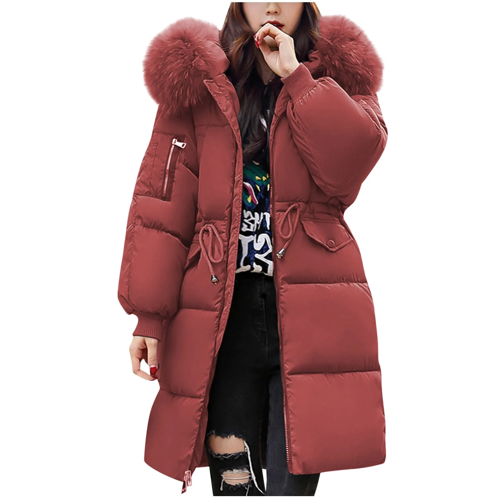 Down Jackets Women's Fluffy Hooded Neck Long Loose Parkas Coats Zip-Up High Quality Outdoor Thicken Female Warm Thermal Outwear