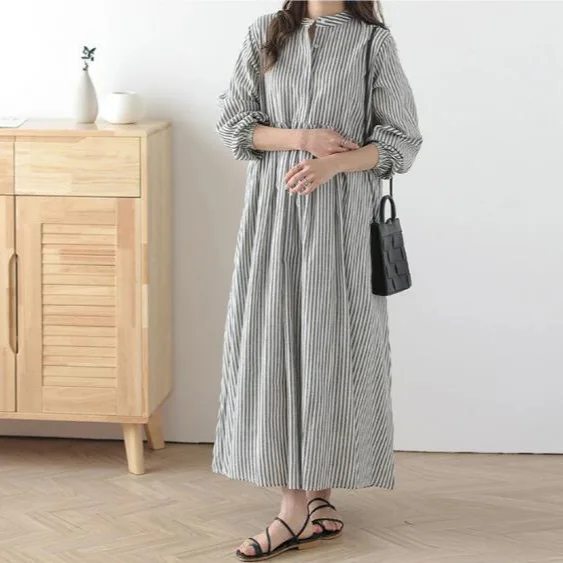 

Knee Length Dress Women Dresses Single Breasted Striped Vestidos Casual Loose High Waist Party Elegant Maxi Y2k Summer 2025