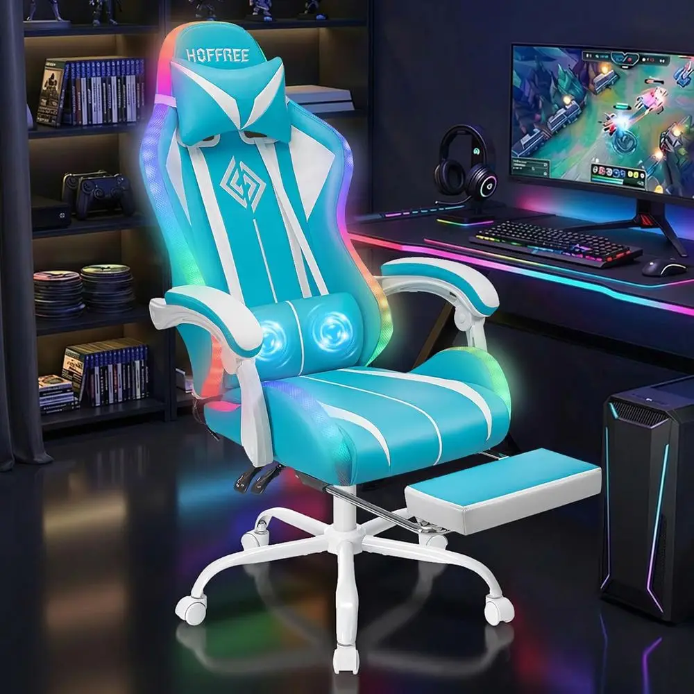 RGB Gaming Chair with LED Lights Massage Ergonomic Computer Gaming Chair High Back Video Game Chair with ootrest and Adjustable