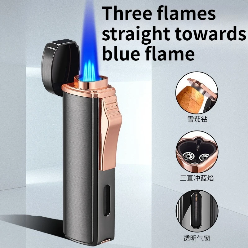 

New Three Fire Direct Blue Flame Lighter Powerful Three Fire Windproof Direct Spark Lighter Cross Nozzle Ignition