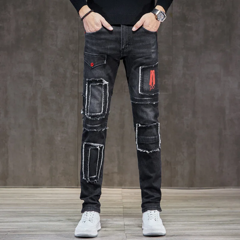 2024New American High Street Jeans Men's Locomotive Style Fashion Personality Slim Fit Patchwork Stitching Trousers