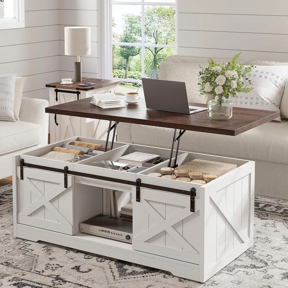 

Farmhouse Lift Top Coffee Table with Sliding Barn Door 48" W Large Coffee Tables for Living Room, Wood Center Table with Hidden