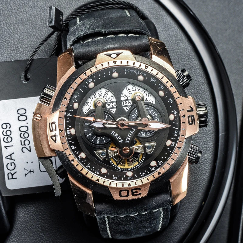 ريف النمر/RT العلامة التجارية الانتهاء التقويم الساعات الرياضية للرجال ارتفع الذهب الأسود الهاتفي براون حزام من الجلد ساعات أوتوماتيكية RGA3503
