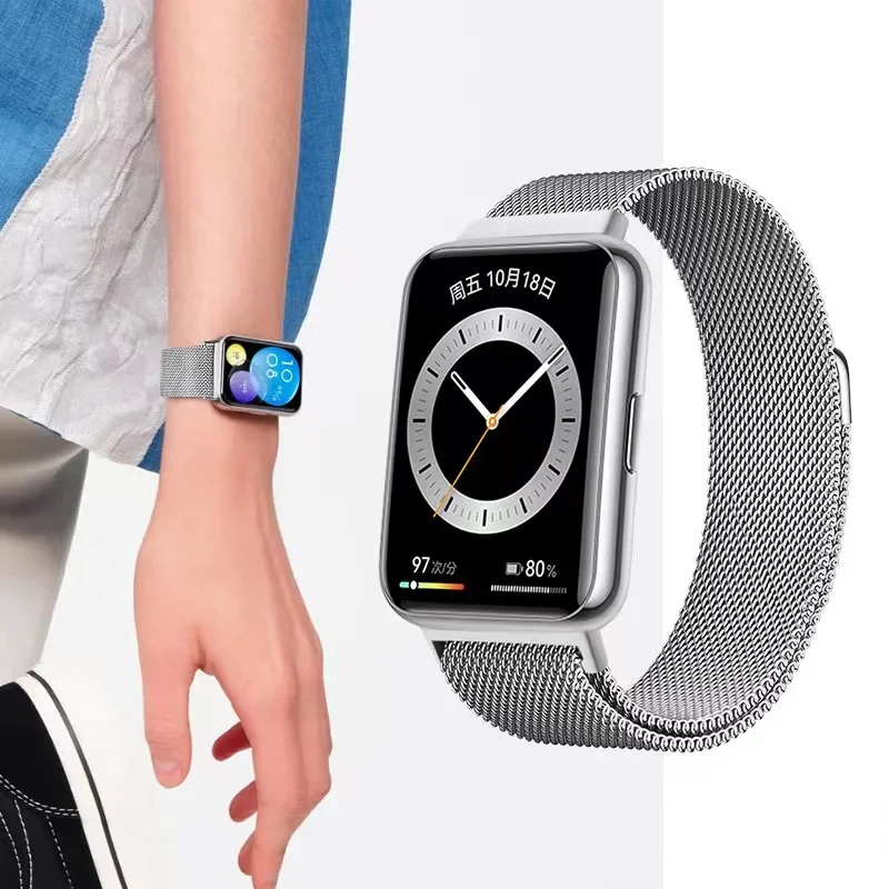 Pulseira magnética para relógio Huawei, pulseira milanesa, aço inoxidável, acessórios de metal, ajuste 2 esporte, ajuste