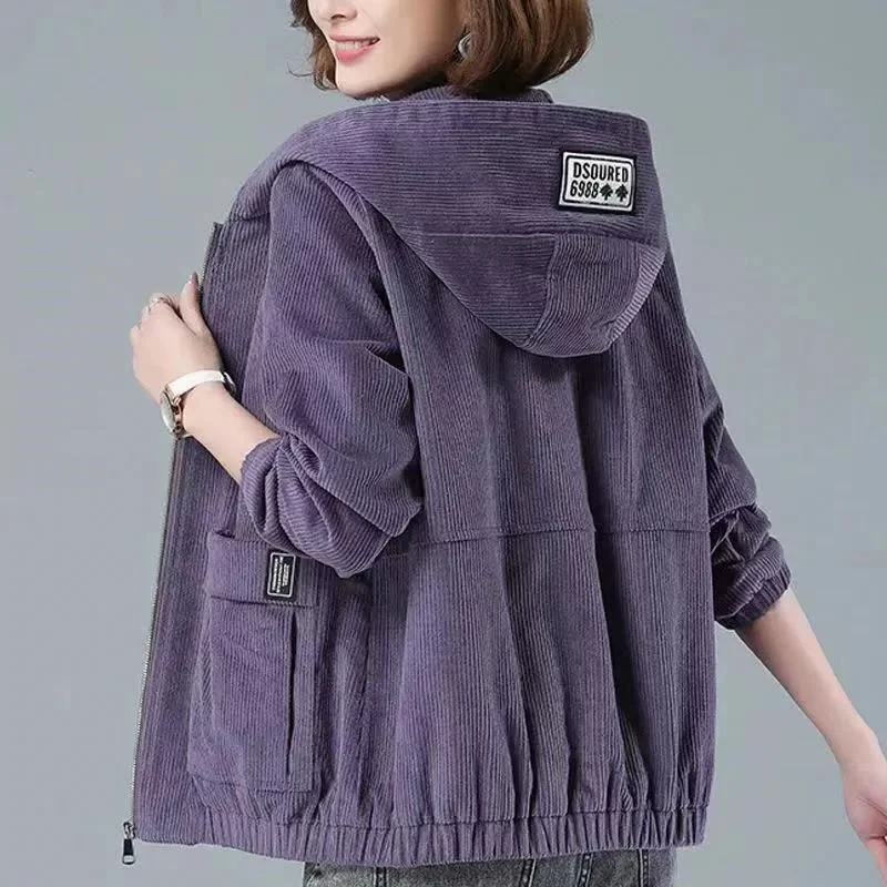 In Long Corduroy Jacket Female Loose During The Spring And Autumn In 2024 Middle-aged Mother Fashion Hooded Casual Wear Coat