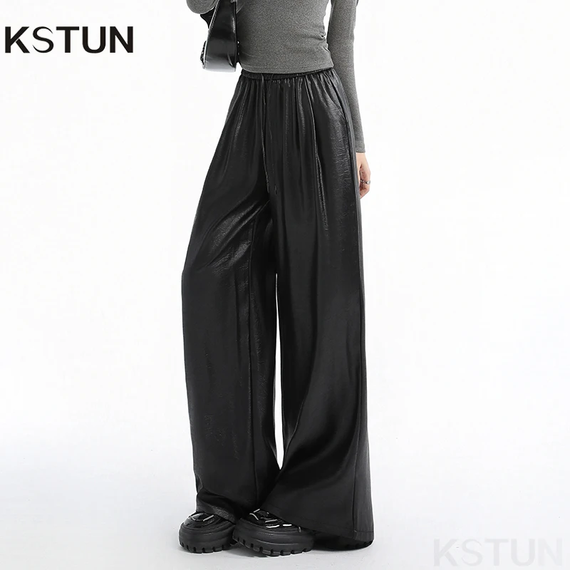 

KSTUN однотонные черные повседневные брюки из искусственной кожи, женские прямые брюки, свободные драпированные брюки для фитнеса, ленивый стиль, на шнурке