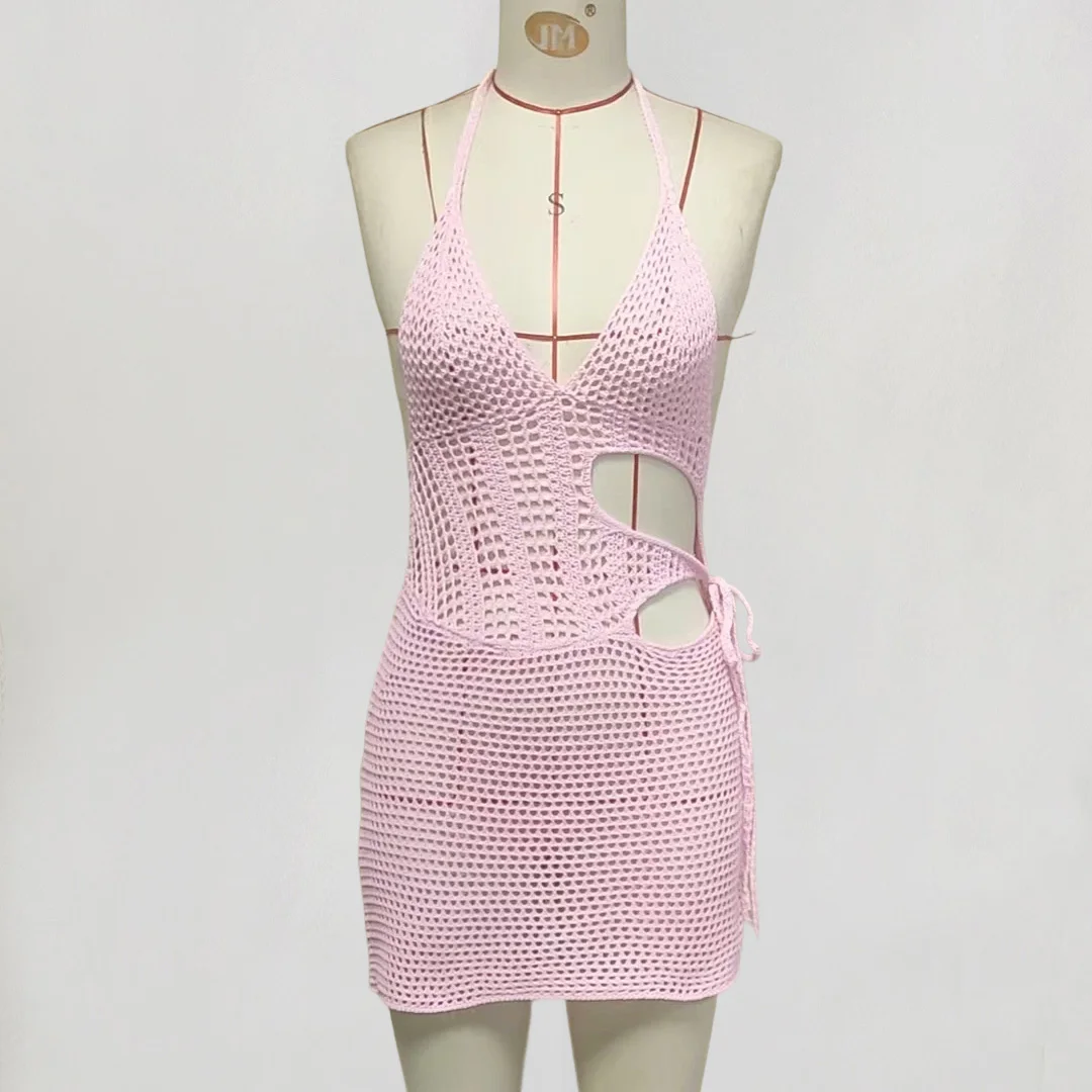 4-farbiges, V-Ausschnitt-Halfter-Kleid mit Ausschnitten, gehäkelt, gestrickt, Tunika, Strandkleid, Strandmode, Strandbekleidung, Strandüberwurf, Damen, V7001 – Detail 11