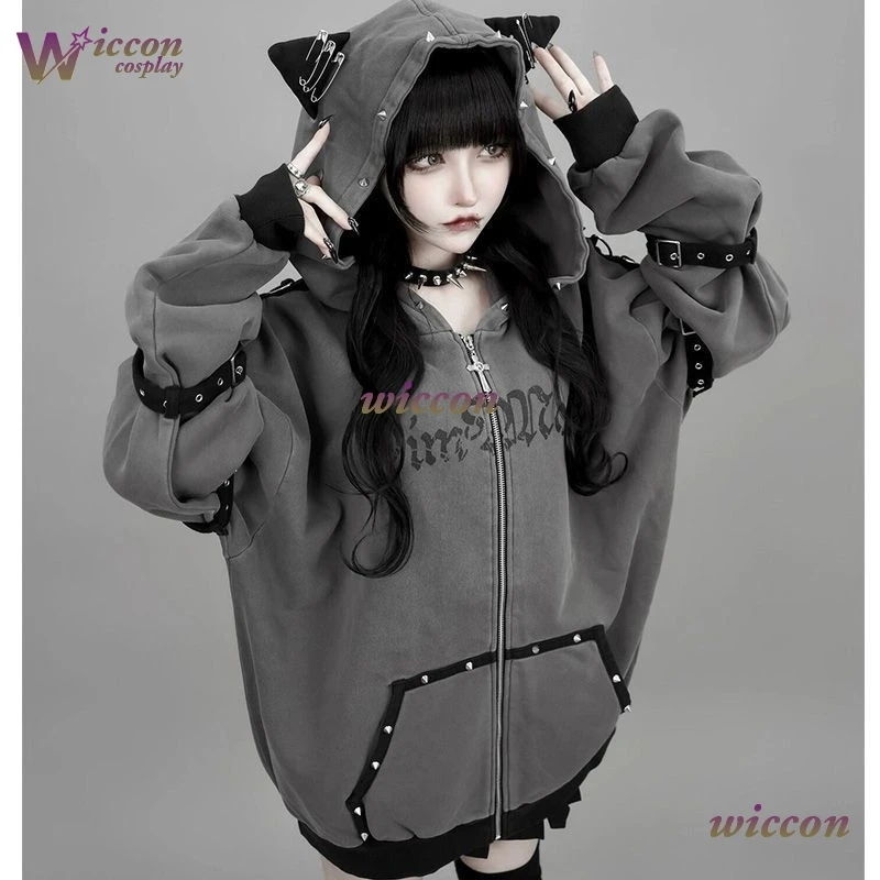 

MoeMimic Streetwear Harajuku Hoodies Jackets Women's Clothing Hooded Punk Zipper Coat Japanese Rivet Print Casual Y2k Sweatshirt