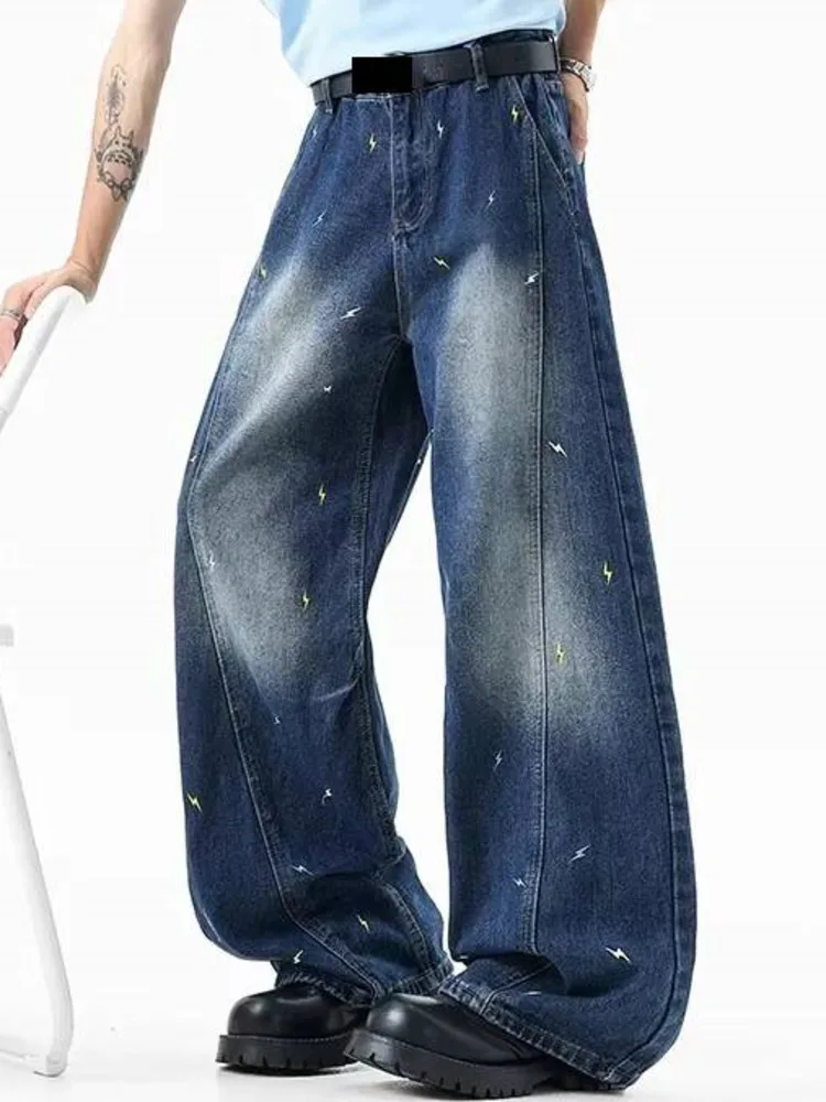 American Style Trendy Lightning Embroidery Patchwork Men's Jeans Loose Casual Wide Leg Denim Long Pants Summer New NAL4