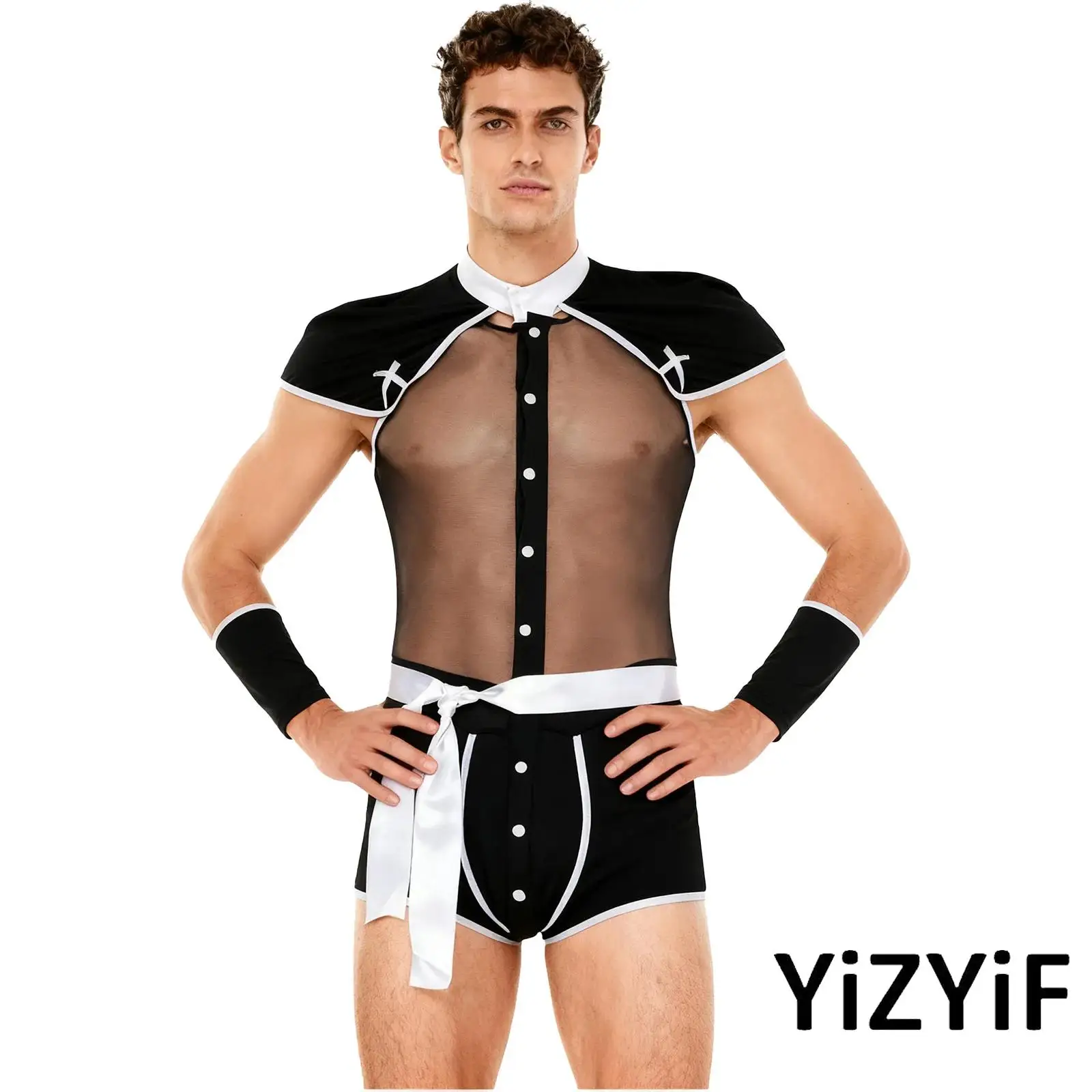

Mens Manservant Navy Cosplay Lingerie Costume Sheer Mesh Patchwork Bodysuit +Collar Belt+Gloves Clubwear For Intimate Moments