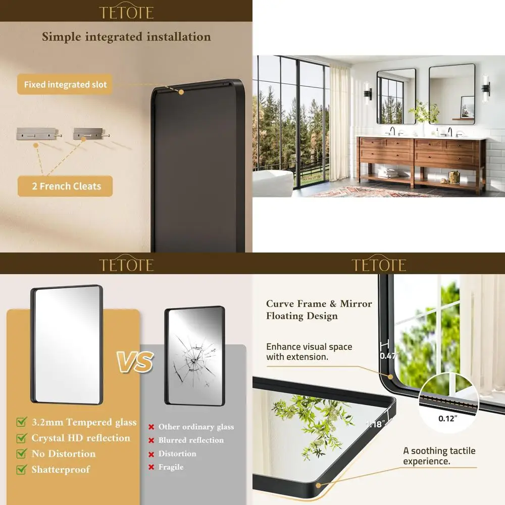 

36 Wall-Mounted Matte Black Vanity Mirror with Tempered Glass, Suitable for Bathroom, Entryway, and Living Spaces