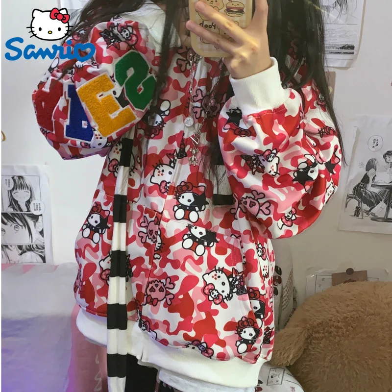 

Sanrio Hello Kitty Fashion American Design 100% Cotton Print Camo Zipper Hooded Sweater For Women Men Y2k Oversize Loose Hoodie