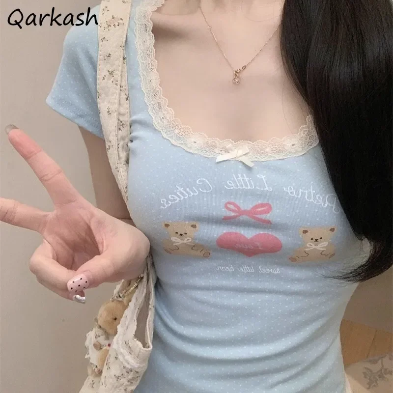 

Sweet T-shirts for Women Skinny Patchwork Lace Bow Chic Ins High Street Korean Style Summer Tees Sexy All-match Short Sleeve