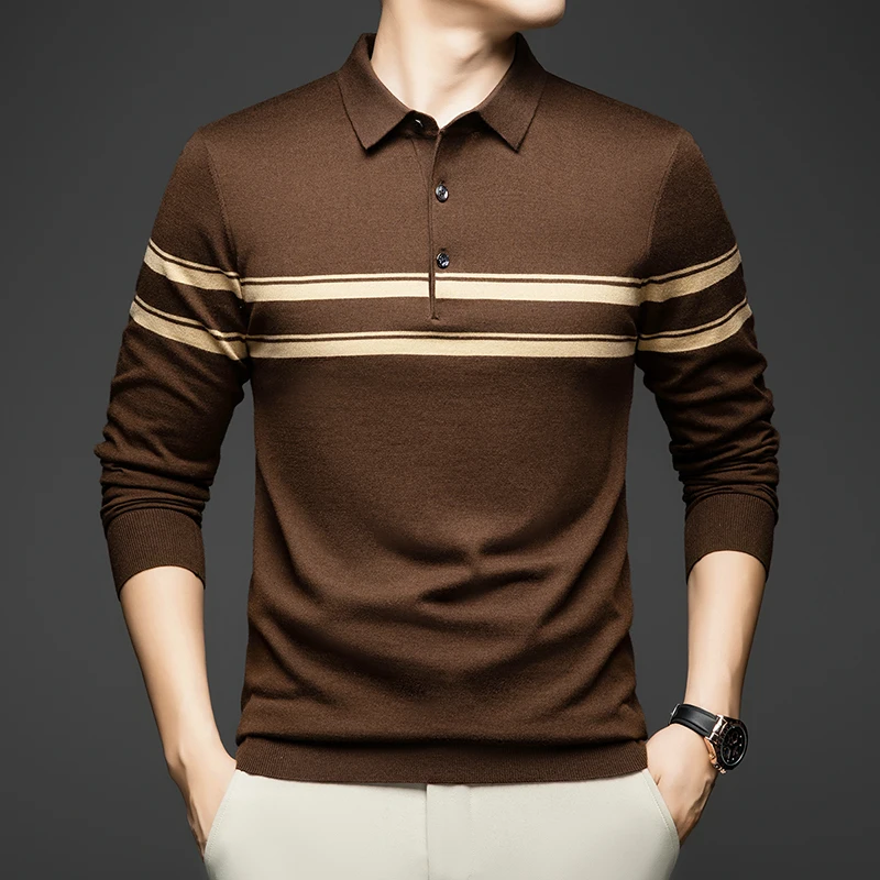 

Новинка 2023 года, осенний мужской повседневный свитер из тутового шелка, хлопчатобумажной шерсти, полосатый воротник, вязаный свитер с длинными рукавами