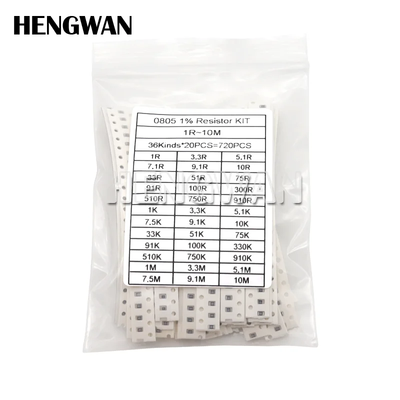 720pcs 1% 0603 0805 1206 SMD Chip Resistor Assorted Kit 1R-10M ohm 36valuesX20pcs Resistance Sample set