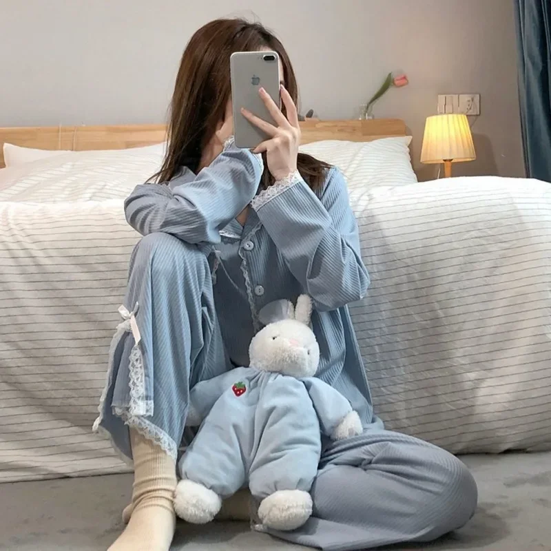 Lace Sleepwear Women Pajama Sets Kawaii Clothes Cardigan Long Sleeve Long Pants Buttons Nightwear Homewear Sets Pajamas