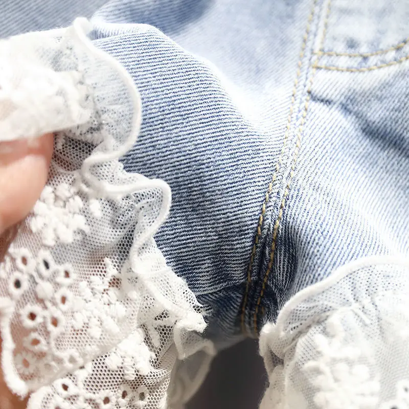 Ienens-calça jeans feminina curta, shorts de praia com renda casual, roupas infantis de verão, jeans de 4 a 13 anos