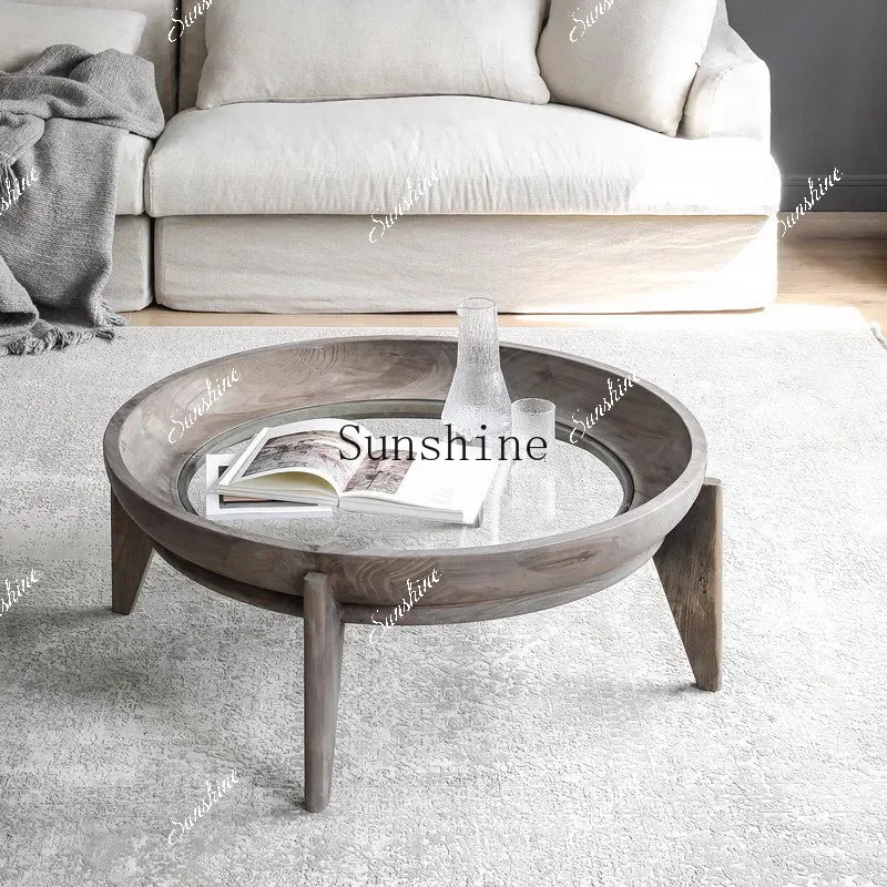 

American round solid wood retro small apartment living room B & B creative glass coffee table FT