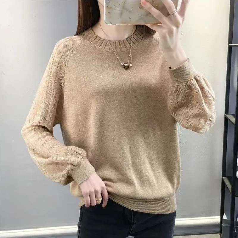 Women\'s Clothing Autumn Winter Round Neck Solid Color Pullover Sweater Knitted Lantern Long Sleeve Casual Elegant Korean Tops