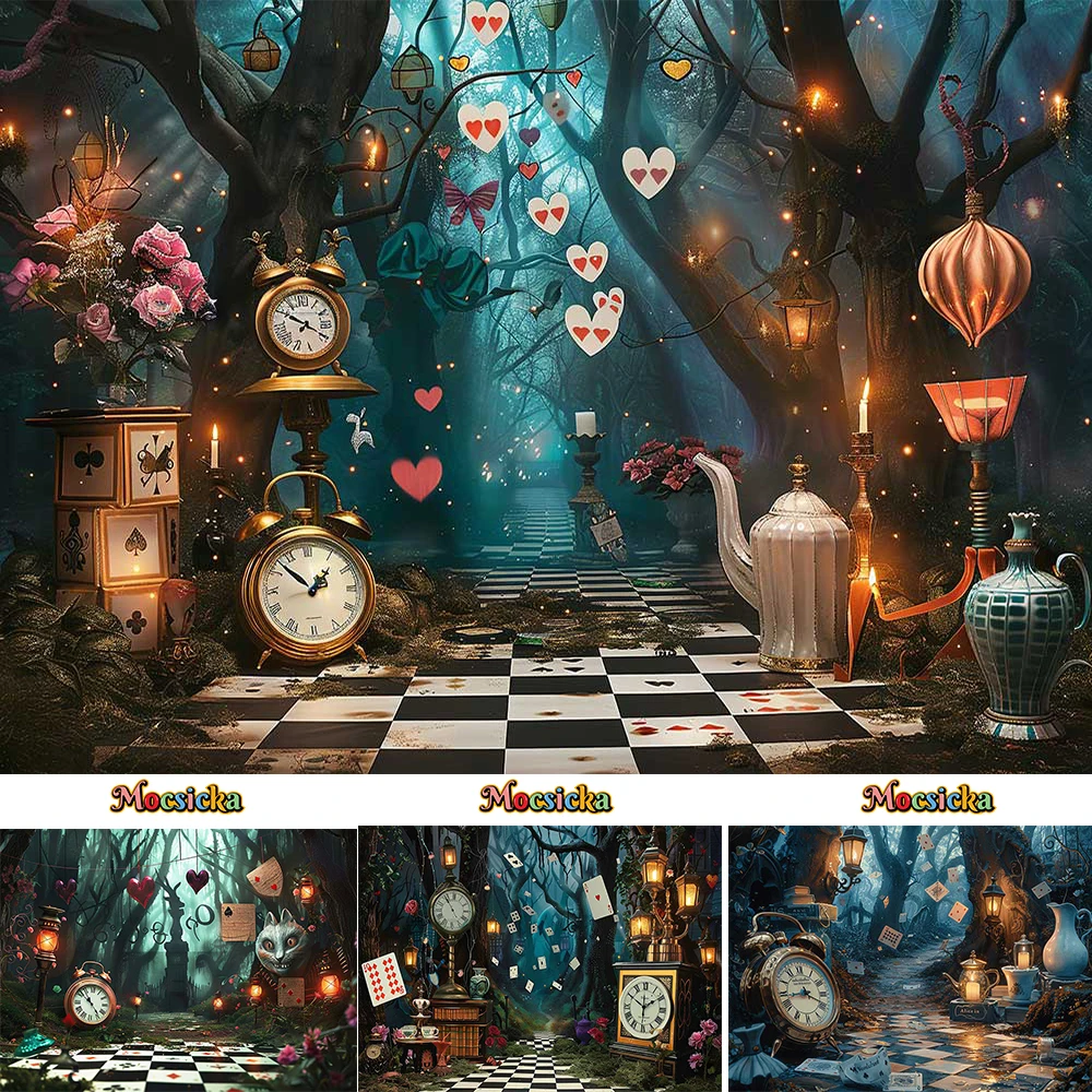 Alice Wonderland Birthday Party Background Girls Forest Night Tea Party Backdrop Clock Poker Floor Decoration Children Photocall