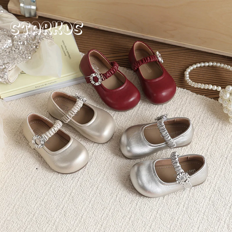

Crystal Sunflower Buckle Strap Mary Jane Shoe Kid Girl Champagne Leather Ballet Flats Baby Child Soft Wide Band Ballerina Shoes