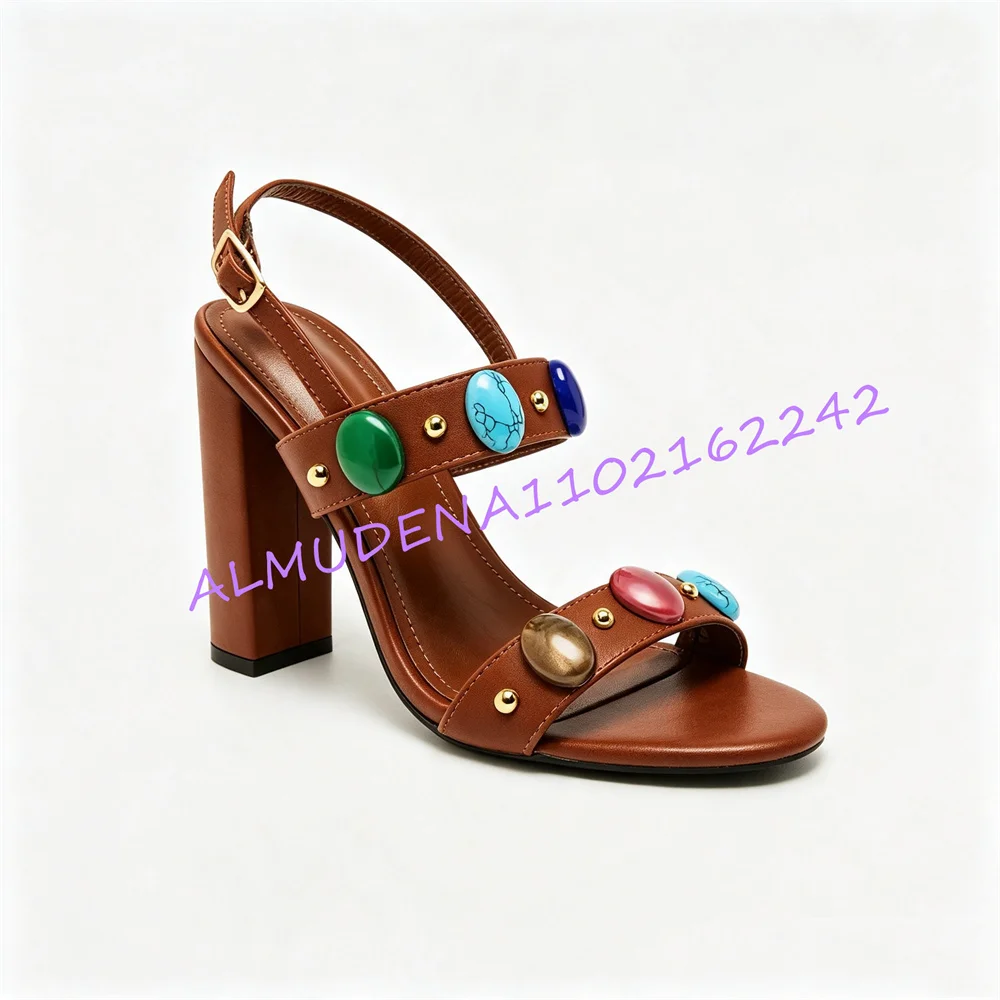 Women Gemstone High Heel Sandals Open Toe Chunky Heel Shoes Brown Ankle Strap Beaded Detail Fashion Summer Party HolidayFootwear