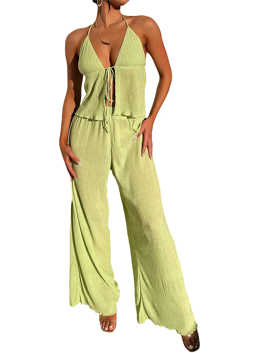 

Women 2 Piece Pants Set Strapless Backless Ribbed Tube Top Pleated Wide Leg Pants Suit Y2K Summer Sexy Outfit