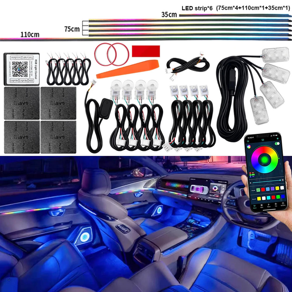 18in1 Car LED Ambient Light Symphony Dual Zone Full Color Streamer RGB Interior Hidden Acrylic Decoration Atmosphere Light Strip