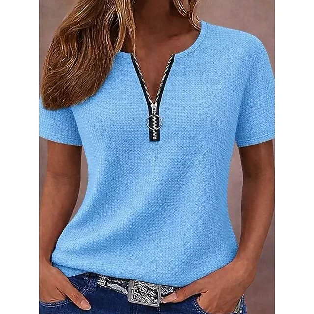 2026 Neuer Stil Frühling/Sommer Damen Gefüttertes T-Shirt mit Waffelkragen, kurzen Ärmeln und Reißverschluss – Detail 3