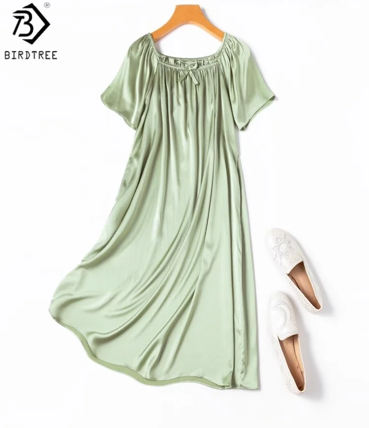 

Birdtree 21MM 92% Mulberry Silk 8% Spandex Green Nightgown Dress, Woman Plain Satin Short Sleeve Night Dress,2025 SummerD57816JF