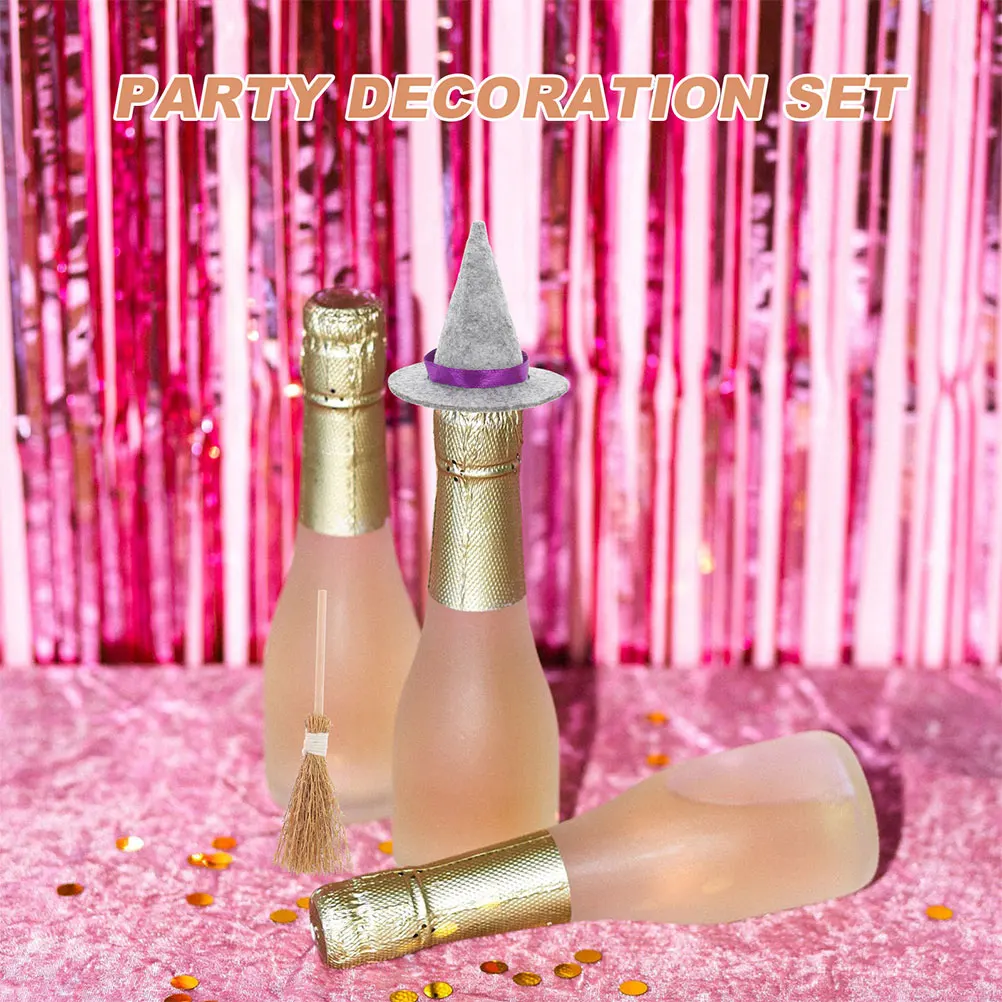 

2Sets Hat Broom Set Felt Wood Silvergrass Material Longlasting Decor for Halloween Party Cosplay Themed Performance