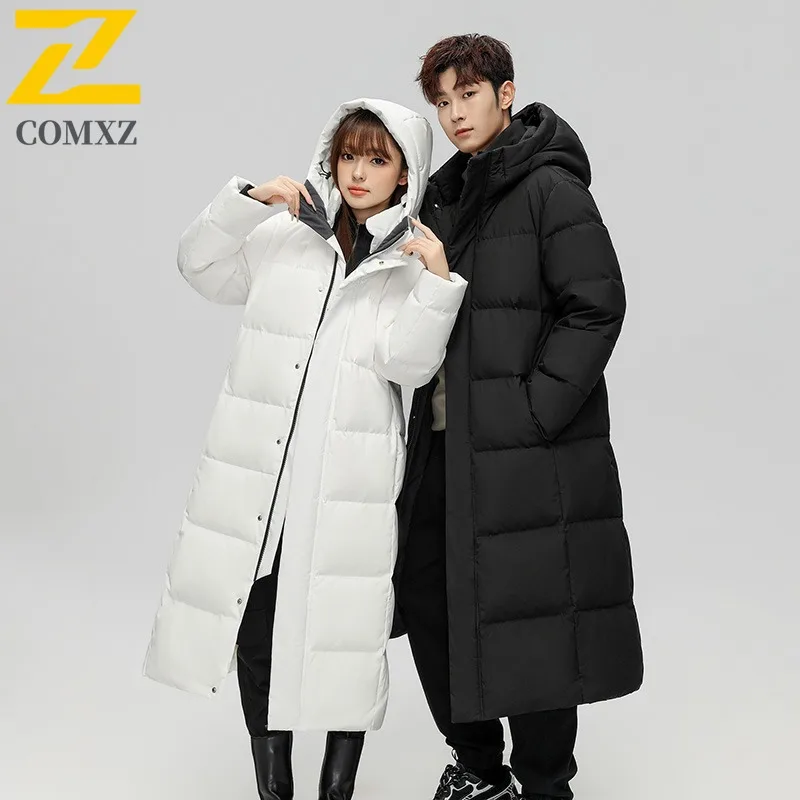 COMXZ 2025 Winter Ski Long Down Jacket Men Trendy Leisure Solid Color White Duck Down Coat Brand Outdoor Warm Lightweight Puffer