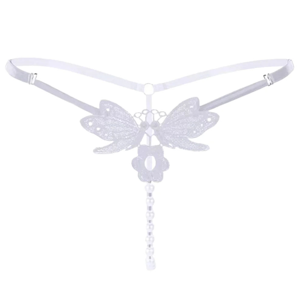 Butterfly Lace Pearl G-String Thong Adjustable Strap Hollow Out T Back Panty Adult Women Seductive Decorative Pearl Intimate