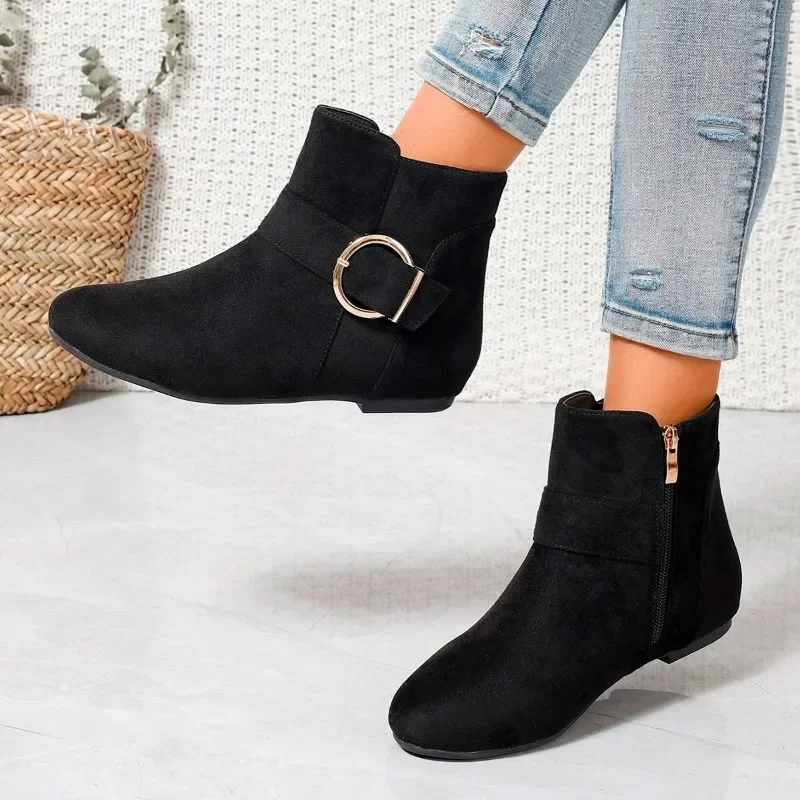 Women's Shoes 2024 Hot Sale Side Zipper Women's Boots Fashion Belt Buckle Office and Career New Plus Size Solid Ankle Boots