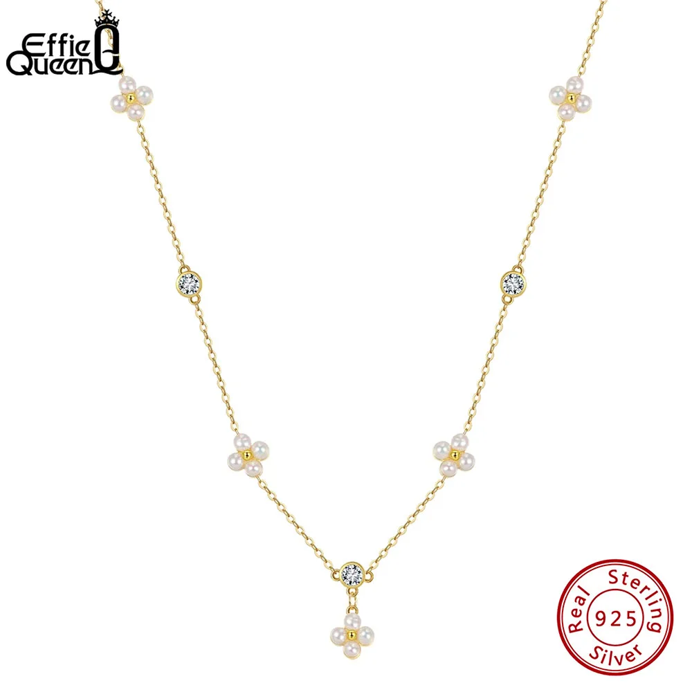

EFFIE QUEEN S925 Silver Natural Pearls Flower Charms Necklace with Small Zircon Romantic Flower Pendant Choker Chain Gift GPN100