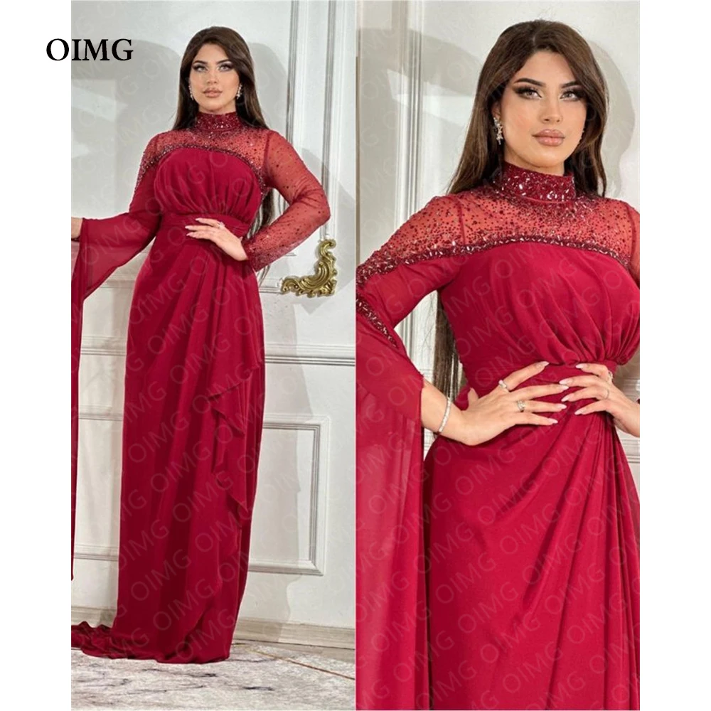 

OIMG Red Stretch Satin A Line Evening Dresses Beads High NecFull Jacket Sleeves Prom Gowns Dubai Formal Party Dress Vestidos