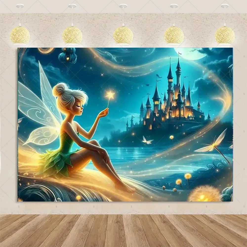 تينكر بيل موضوع فتاة حفلة عيد ميلاد زينة ديزني الجنية خلفية راية استحمام الطفل لوازم خلفية التصوير الخضراء