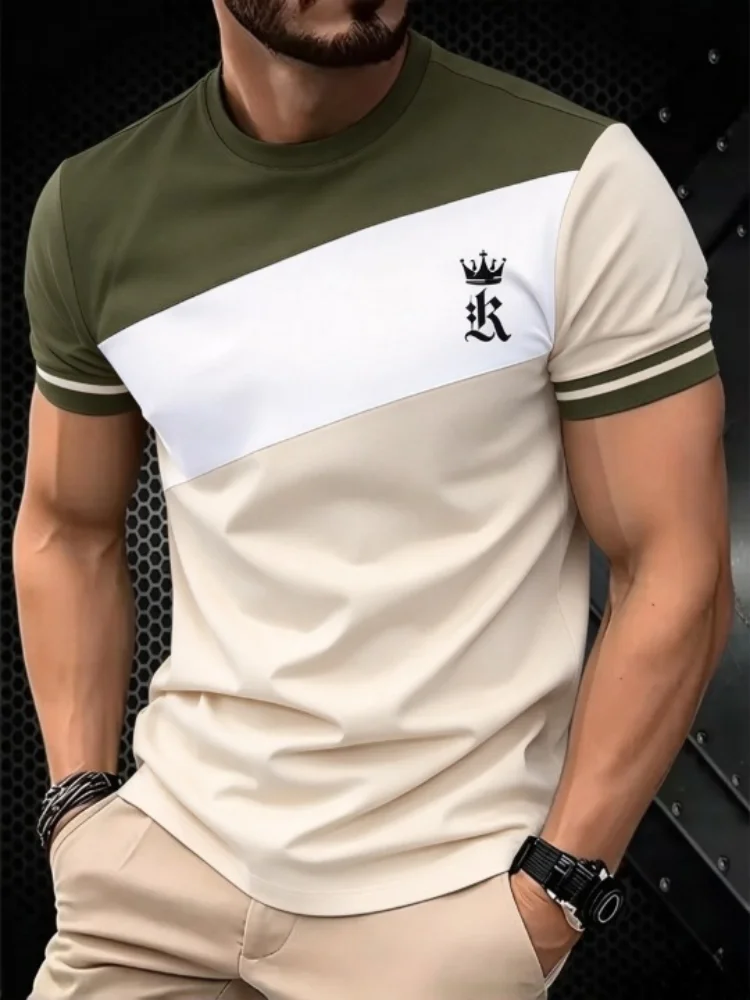 Men Short Sleeve T Shirt Crown K Letter Graphic Print Crew Neck Tee Striped Cuff Casual Slim Fit Summer Daily Tops