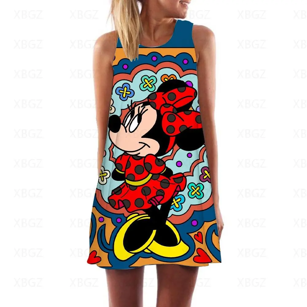 Disney-Vestido corto de Minnie Mouse para mujer, Top bohemio de dibujos animados, sin mangas, Sexy, para playa, 2022