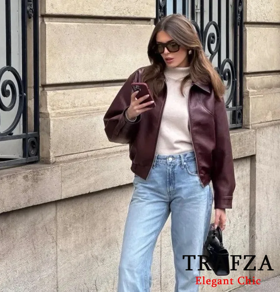 TRAFZA-Women Fashion PU Leather Jacket Zipper Pocket Lapel Burgundy Color Jacket New 2024 Fall Winter Modern Stylish Jackets