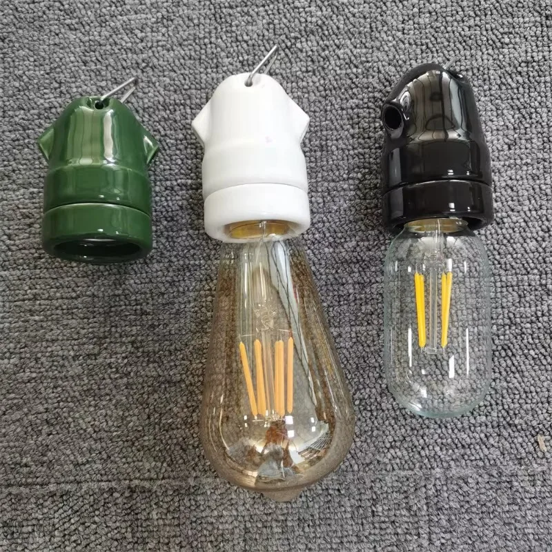E27 Vintage Ceramic Lamp Holder with Hook – Waterproof Edison Light Socket for High-Temperature Bulbs, Wall & Table DIY Lighting